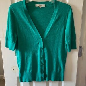 V-Neck Short Sleeve Button-Up Cardigan Loft Teal Green